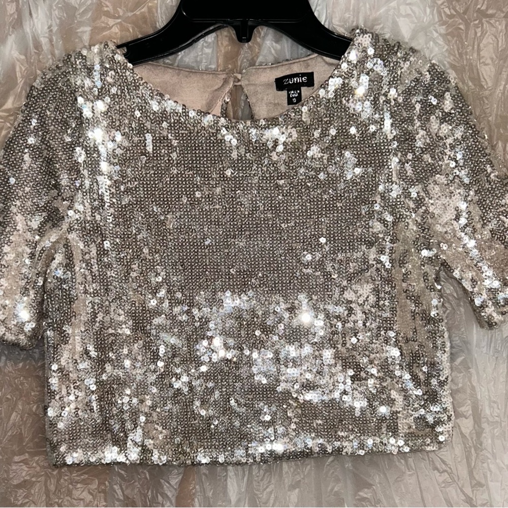 Zunie Silver Sequin Crop Top with Short Sleeves